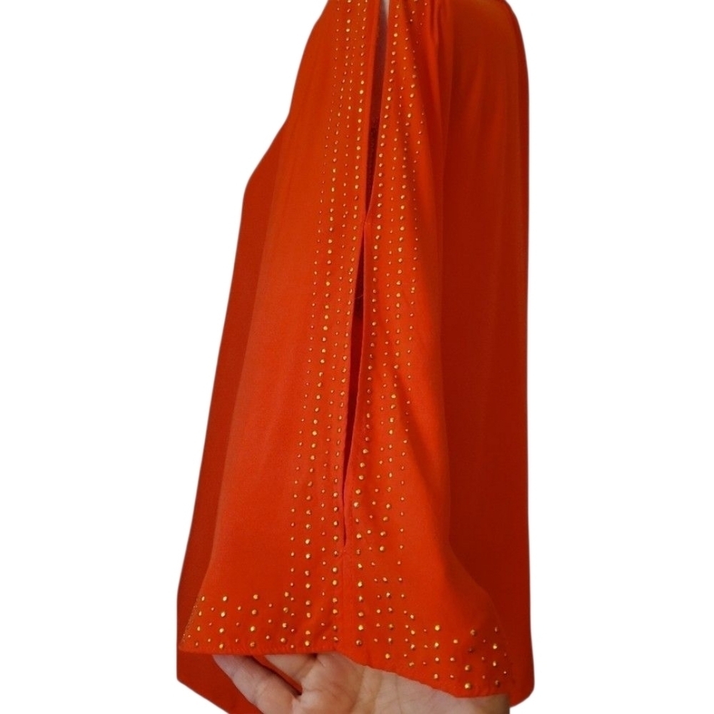 Jennifer Lopez Orange Blouse Gold Studded Detail 3/4 Cold Shoulder Sleeve Size L - Picture 6 of 9